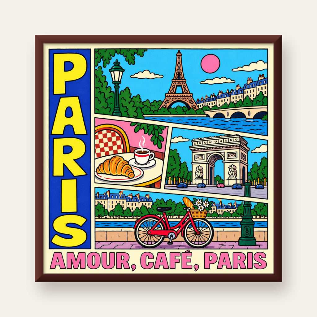 Paris Temalı Renkli Çizgi Roman Poster – Şehir ve Kafe Detayları — ceviz çerçeveli