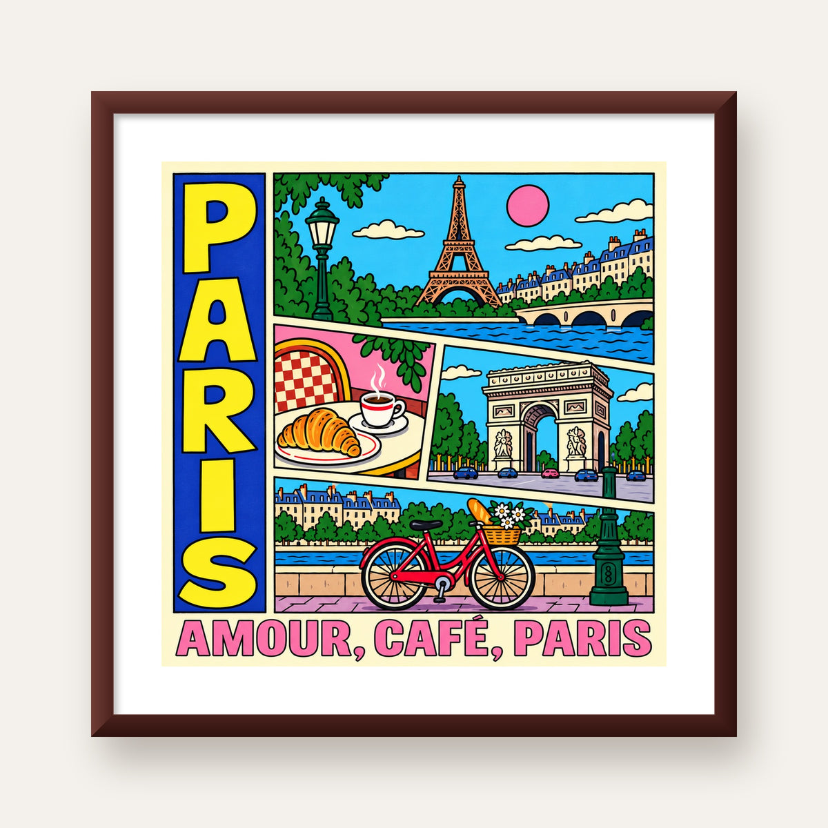 Paris Temalı Renkli Çizgi Roman Poster – Şehir ve Kafe Detayları — ceviz çerçeveli paspartulu