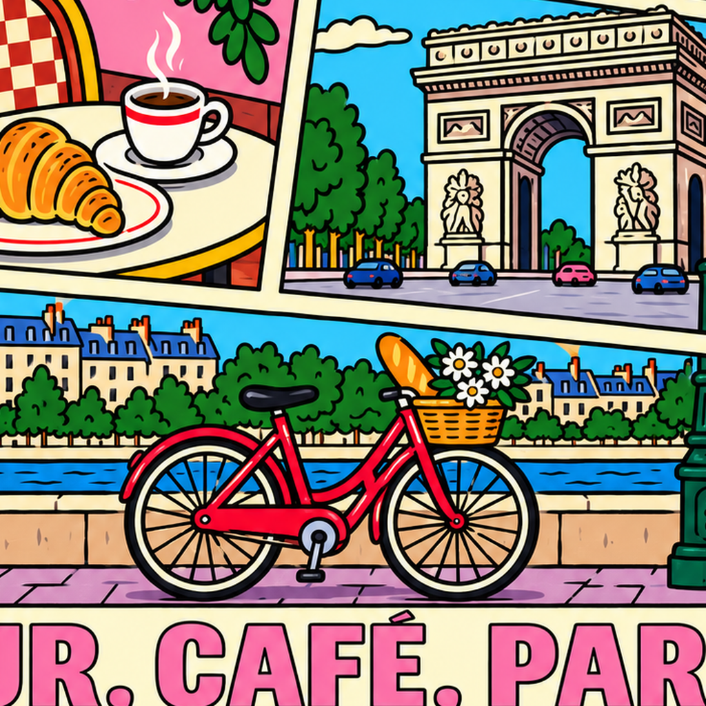 Paris Temalı Renkli Çizgi Roman Poster – Şehir ve Kafe Detayları — baskının yakın çekimi, kâğıt dokusu ve renk detayı