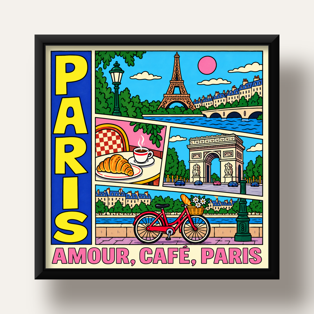 Paris Temalı Renkli Çizgi Roman Poster – Şehir ve Kafe Detayları — siyah derin çerçeveli