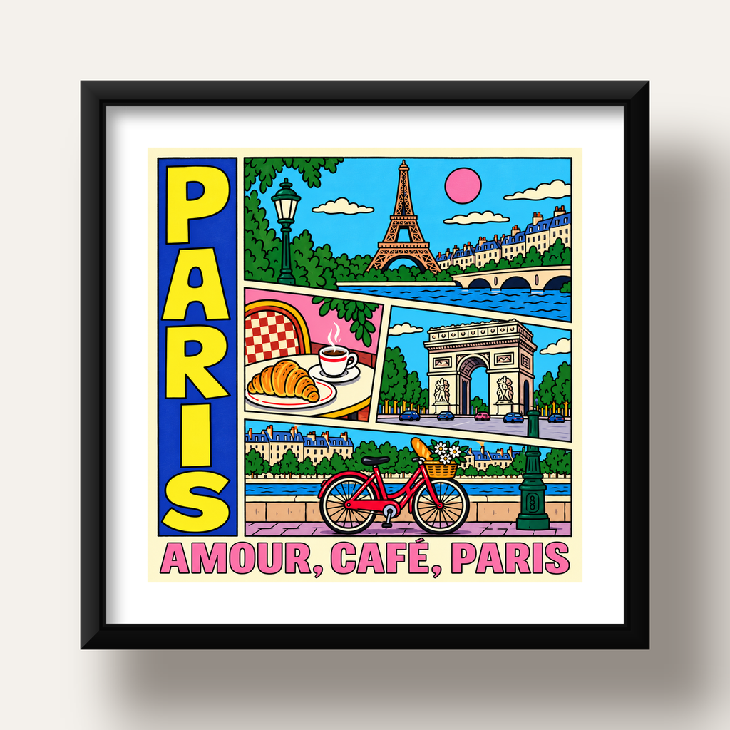 Paris Temalı Renkli Çizgi Roman Poster – Şehir ve Kafe Detayları — siyah derin çerçeveli paspartulu