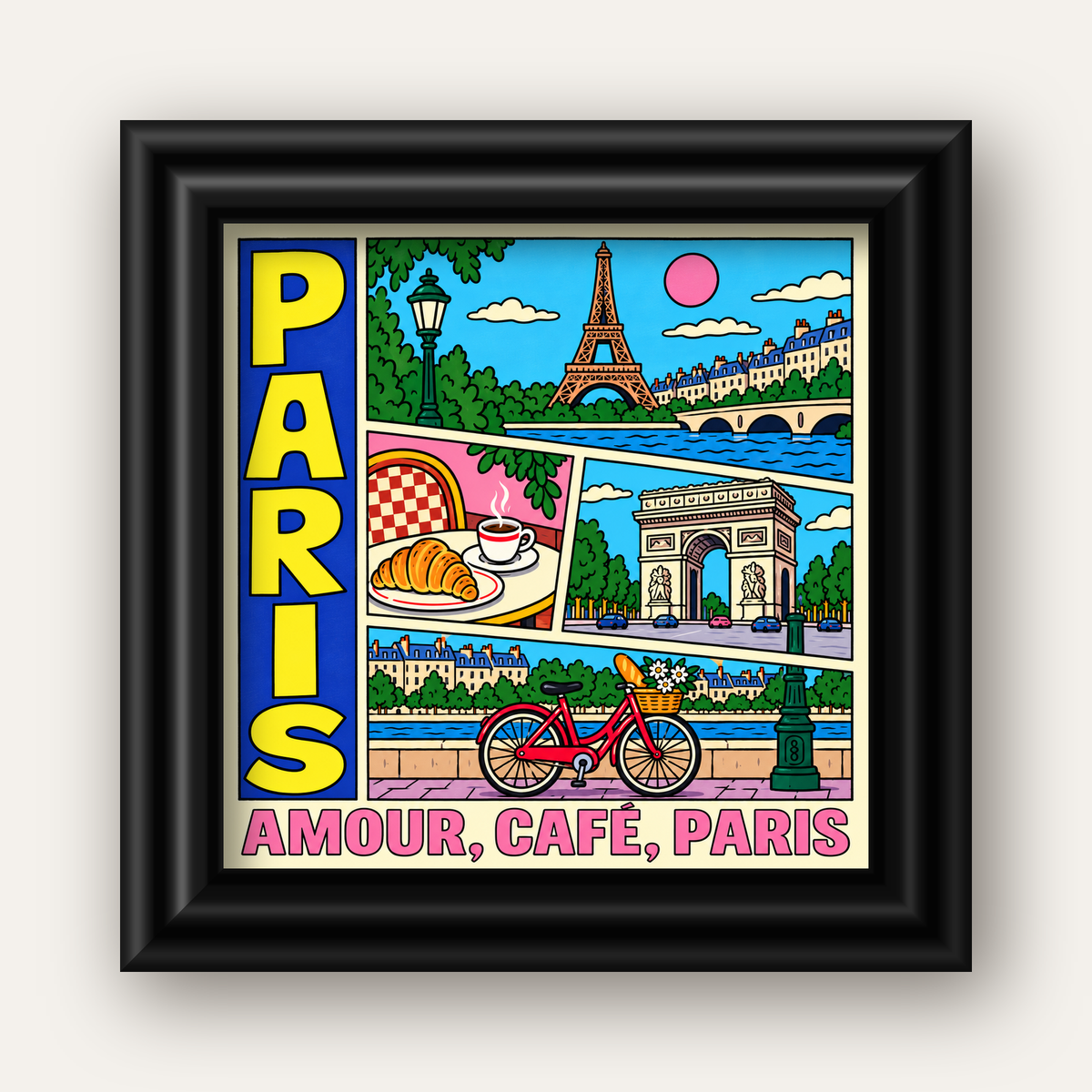 Paris Temalı Renkli Çizgi Roman Poster – Şehir ve Kafe Detayları — siyah galeri çerçeveli