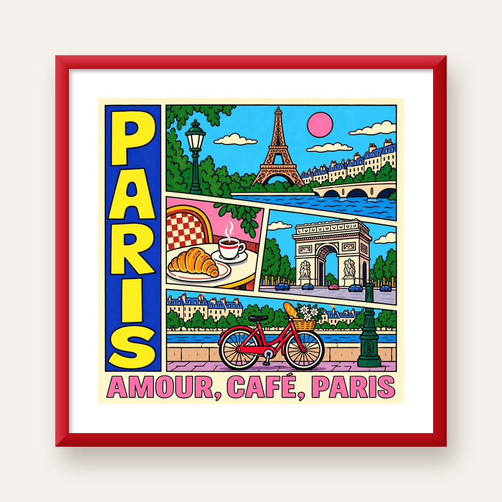 Paris Temalı Renkli Çizgi Roman Poster – Şehir ve Kafe Detayları — kırmızı çerçeveli paspartulu