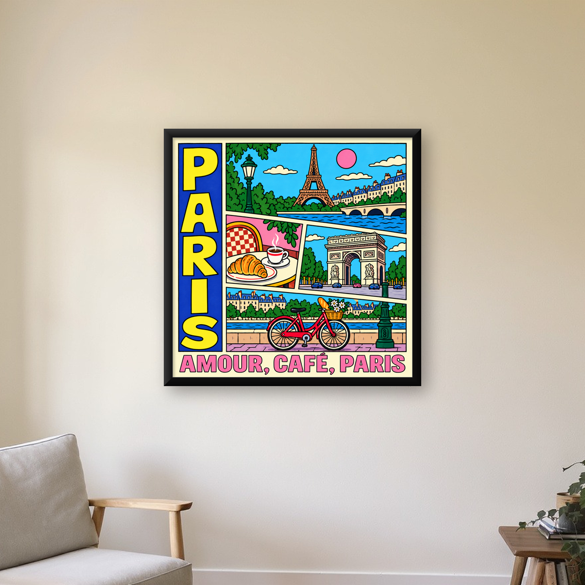 Paris Temalı Renkli Çizgi Roman Poster – Şehir ve Kafe Detayları — Kare baskı, çerçeveli hâliyle bir ev duvarında