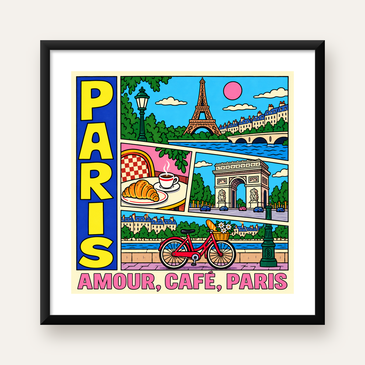 Paris Temalı Renkli Çizgi Roman Poster – Şehir ve Kafe Detayları — Kare baskı, beyaz paspartulu