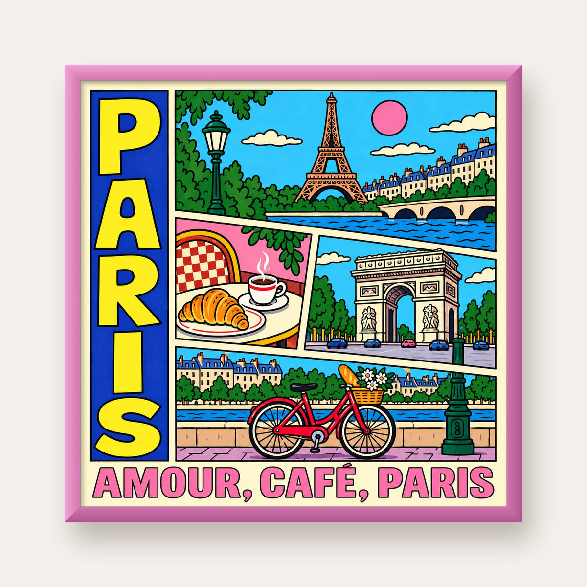 Paris Temalı Renkli Çizgi Roman Poster – Şehir ve Kafe Detayları — pembe çerçeveli
