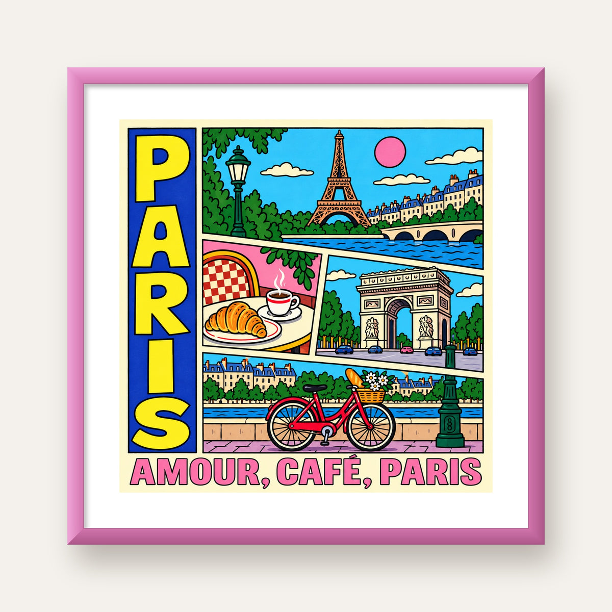 Paris Temalı Renkli Çizgi Roman Poster – Şehir ve Kafe Detayları — pembe çerçeveli paspartulu