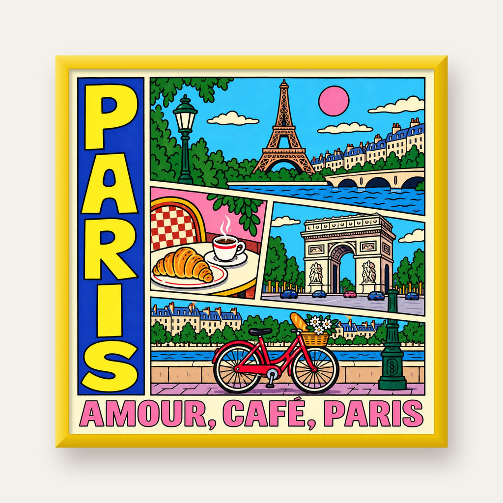 Paris Temalı Renkli Çizgi Roman Poster – Şehir ve Kafe Detayları — sarı çerçeveli