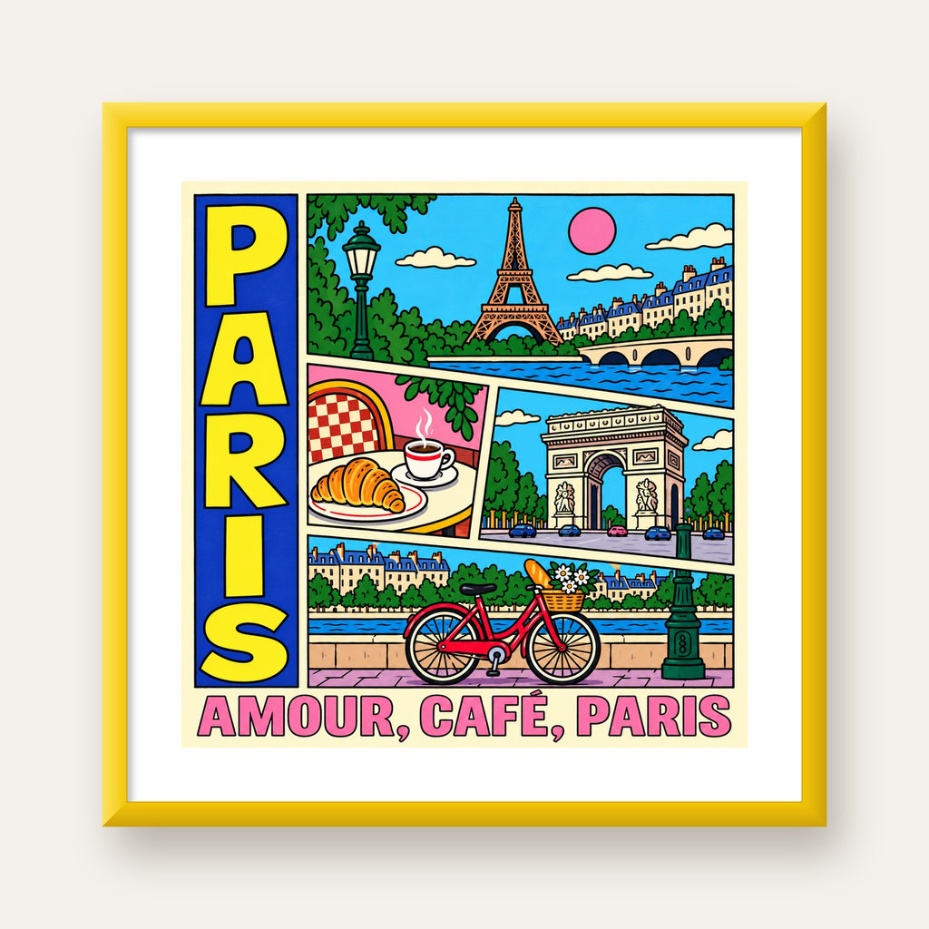 Paris Temalı Renkli Çizgi Roman Poster – Şehir ve Kafe Detayları — sarı çerçeveli paspartulu