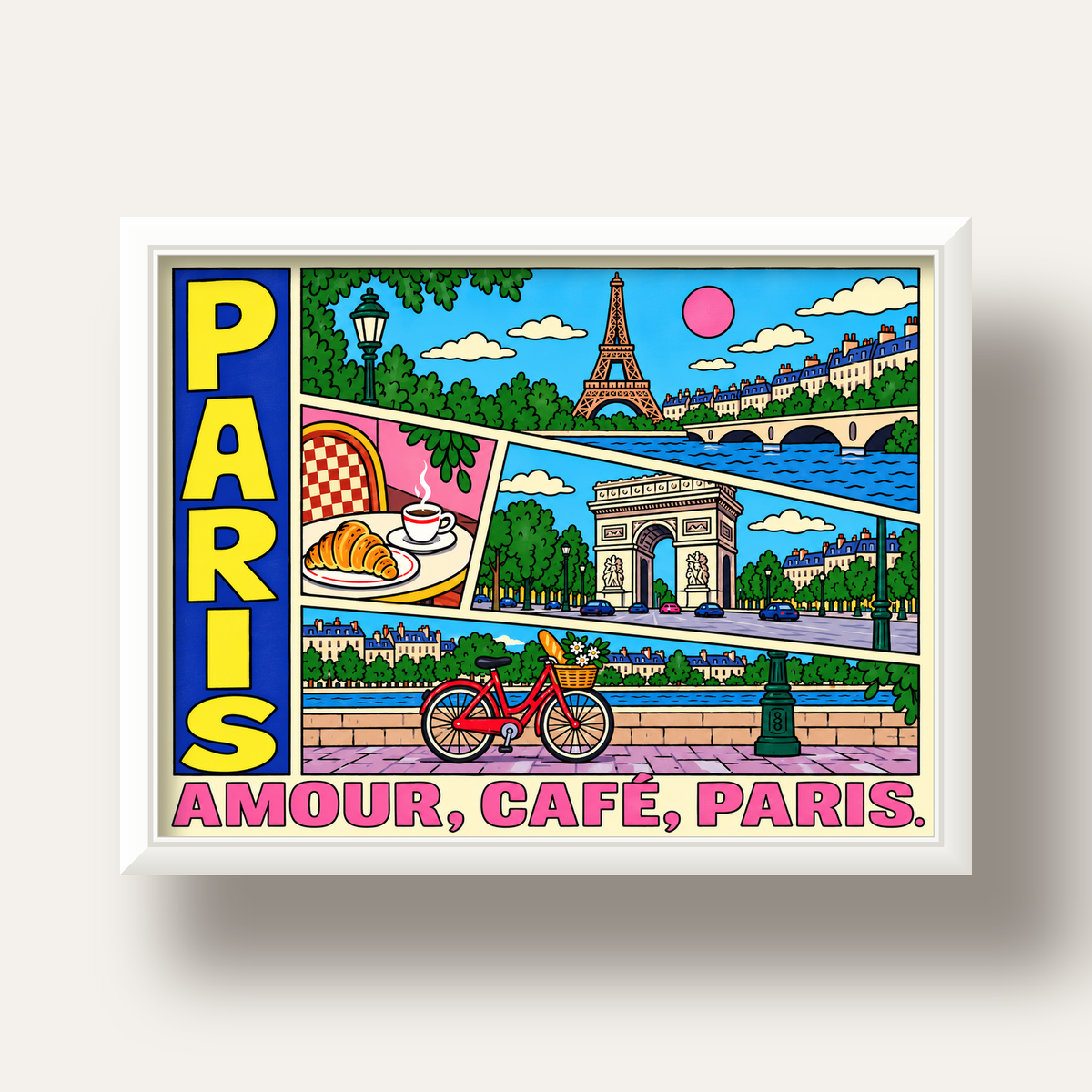 Paris Temalı Renkli Çizgi Roman Poster – Şehir ve Kafe Detayları — beyaz derin çerçeveli