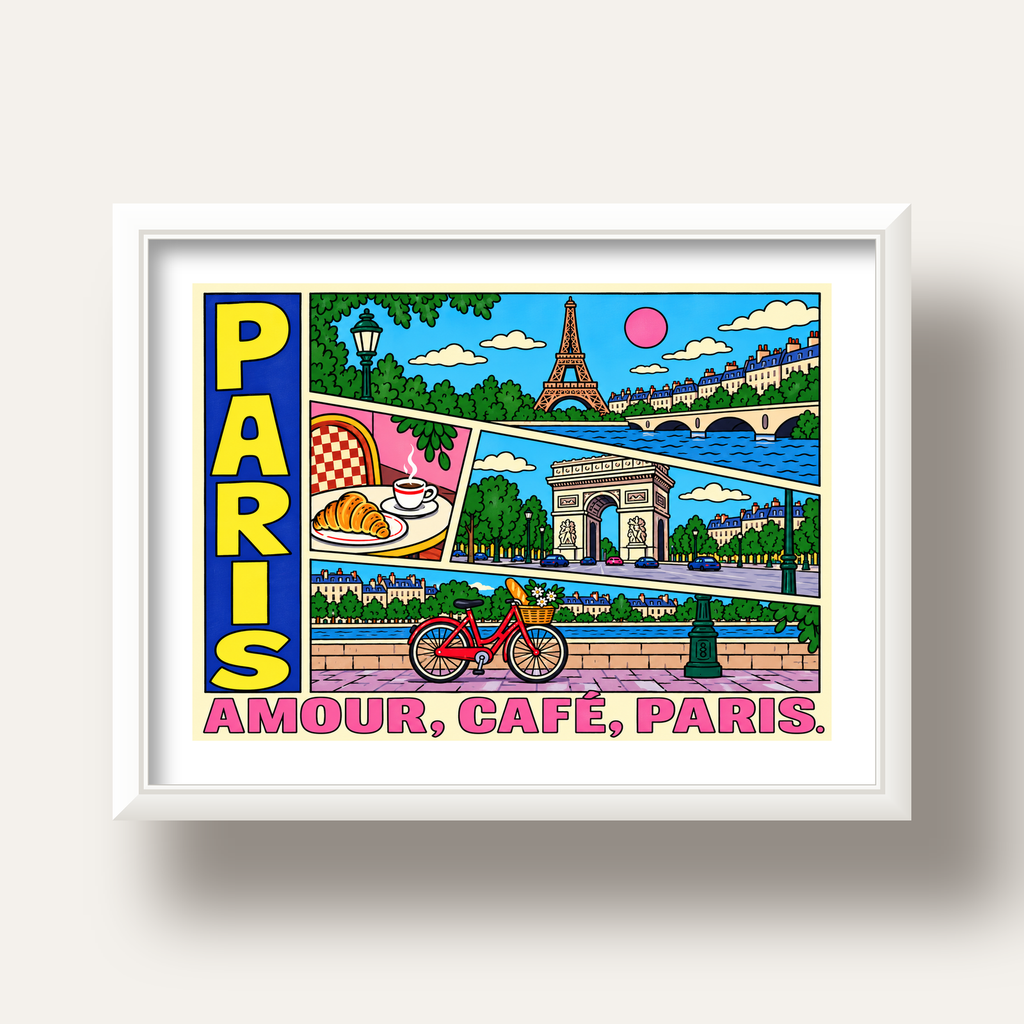 Paris Temalı Renkli Çizgi Roman Poster – Şehir ve Kafe Detayları — beyaz derin çerçeveli paspartulu