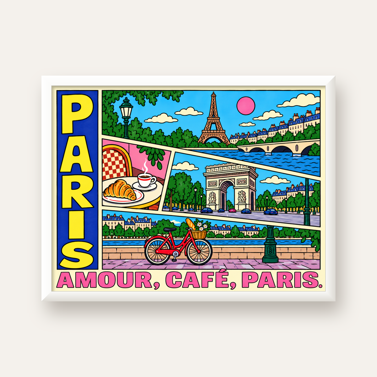 Paris Temalı Renkli Çizgi Roman Poster – Şehir ve Kafe Detayları — beyaz çerçeveli yatay poster
