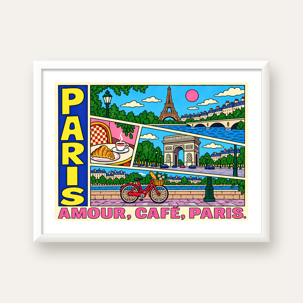 Paris Temalı Renkli Çizgi Roman Poster – Şehir ve Kafe Detayları — beyaz çerçeveli yatay poster