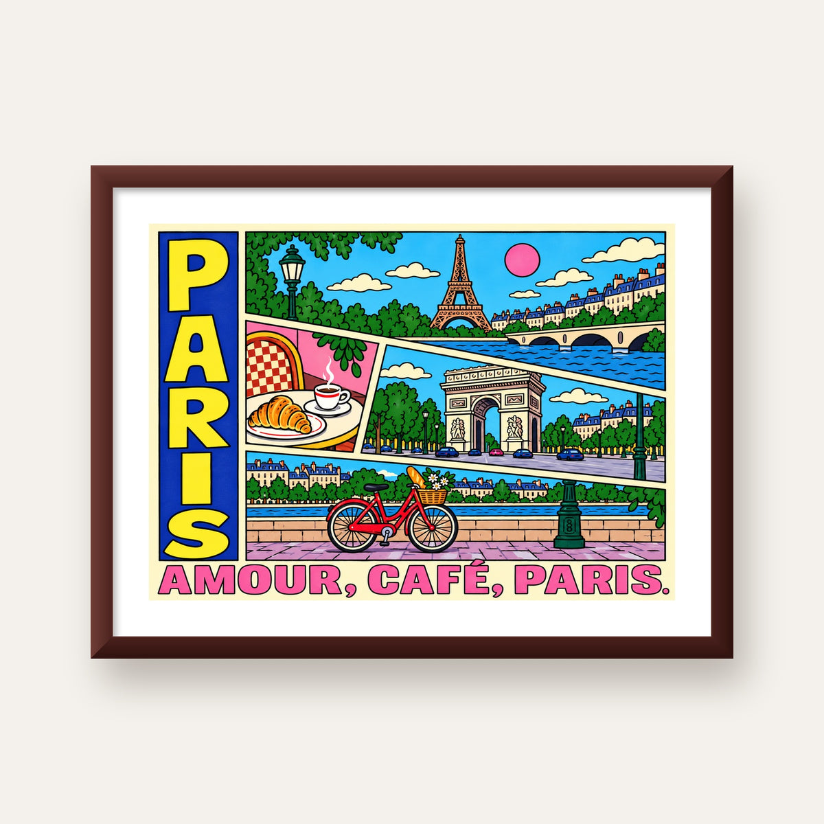 Paris Temalı Renkli Çizgi Roman Poster – Şehir ve Kafe Detayları — ceviz çerçeveli paspartulu