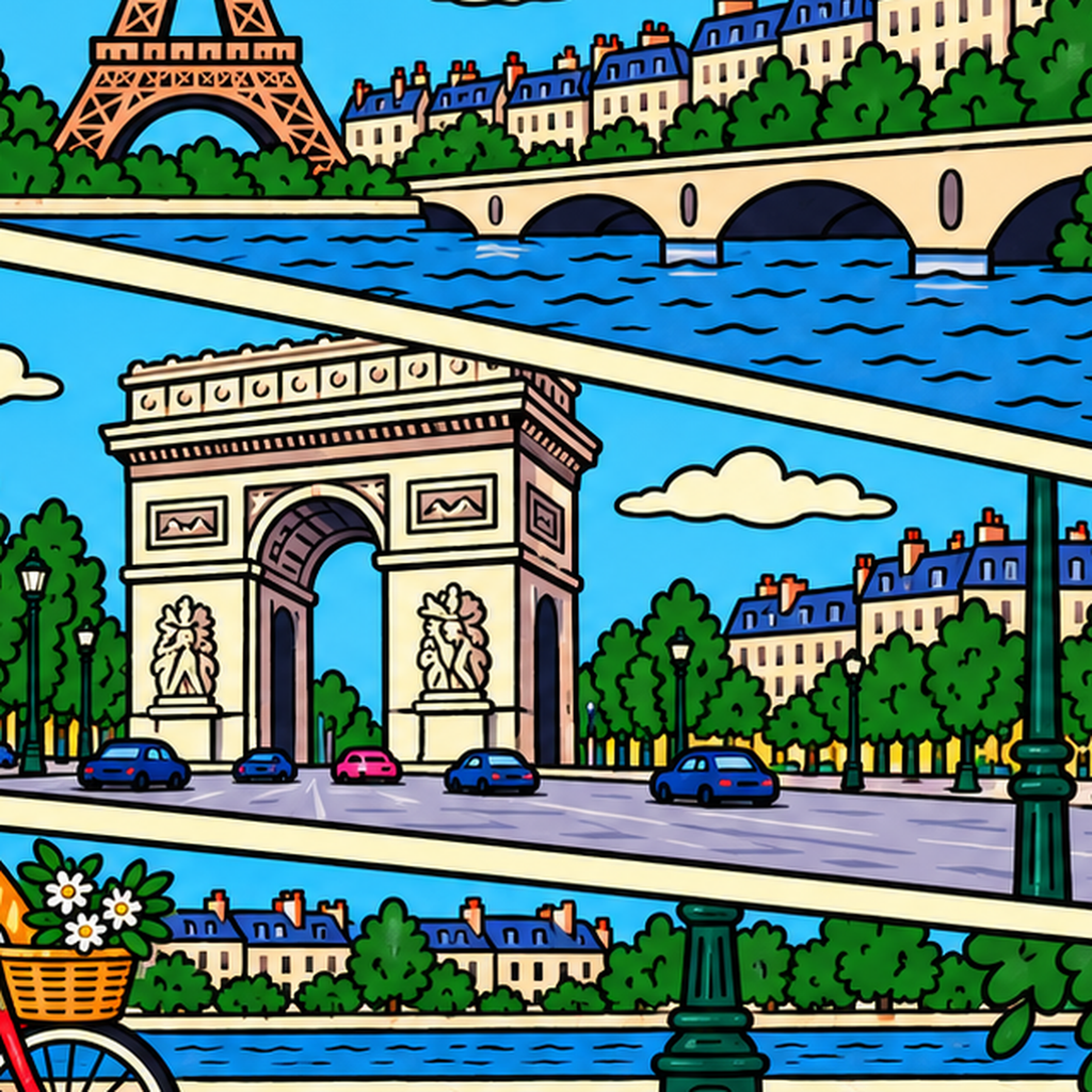Paris Temalı Renkli Çizgi Roman Poster – Şehir ve Kafe Detayları — baskının yakın çekimi, kâğıt dokusu ve renk detayı