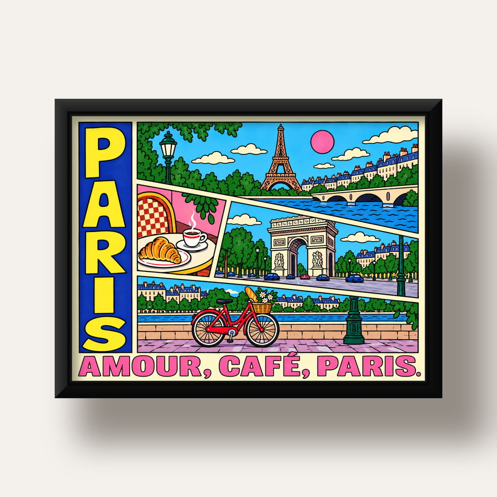 Paris Temalı Renkli Çizgi Roman Poster – Şehir ve Kafe Detayları — siyah derin çerçeveli