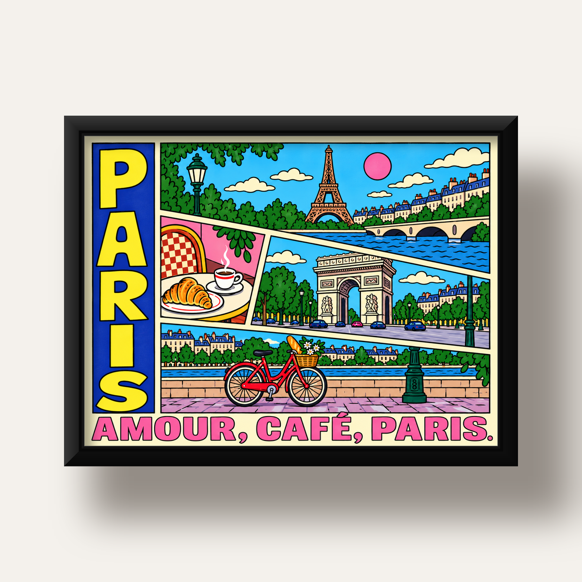Paris Temalı Renkli Çizgi Roman Poster – Şehir ve Kafe Detayları — siyah derin çerçeveli