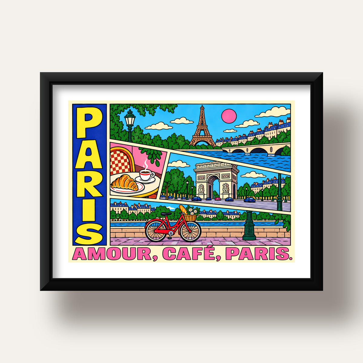 Paris Temalı Renkli Çizgi Roman Poster – Şehir ve Kafe Detayları — siyah derin çerçeveli paspartulu