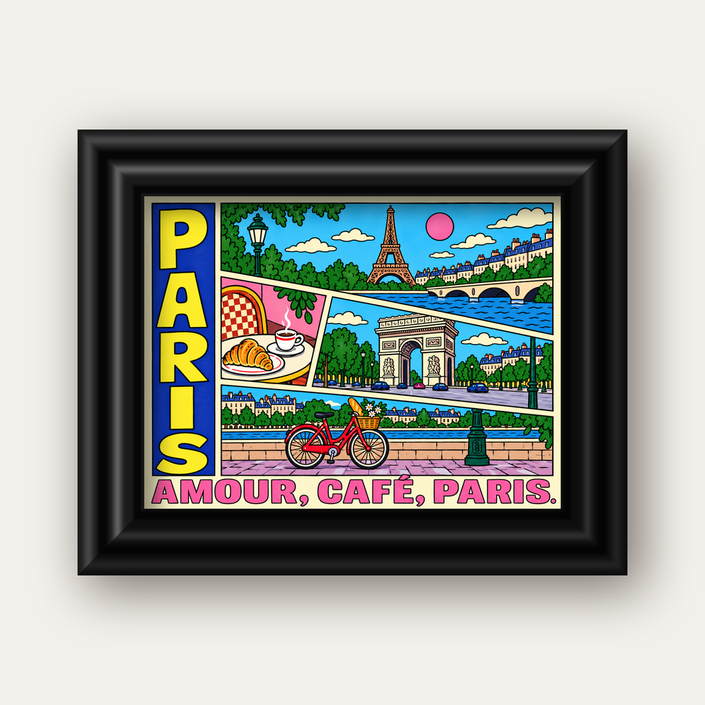 Paris Temalı Renkli Çizgi Roman Poster – Şehir ve Kafe Detayları — siyah galeri çerçeveli