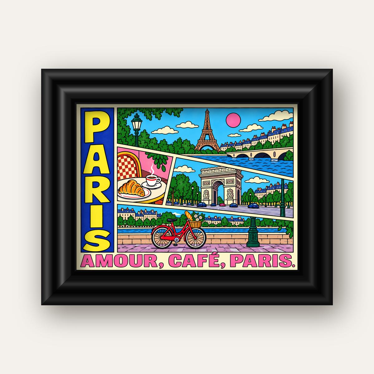 Paris Temalı Renkli Çizgi Roman Poster – Şehir ve Kafe Detayları — siyah galeri çerçeveli
