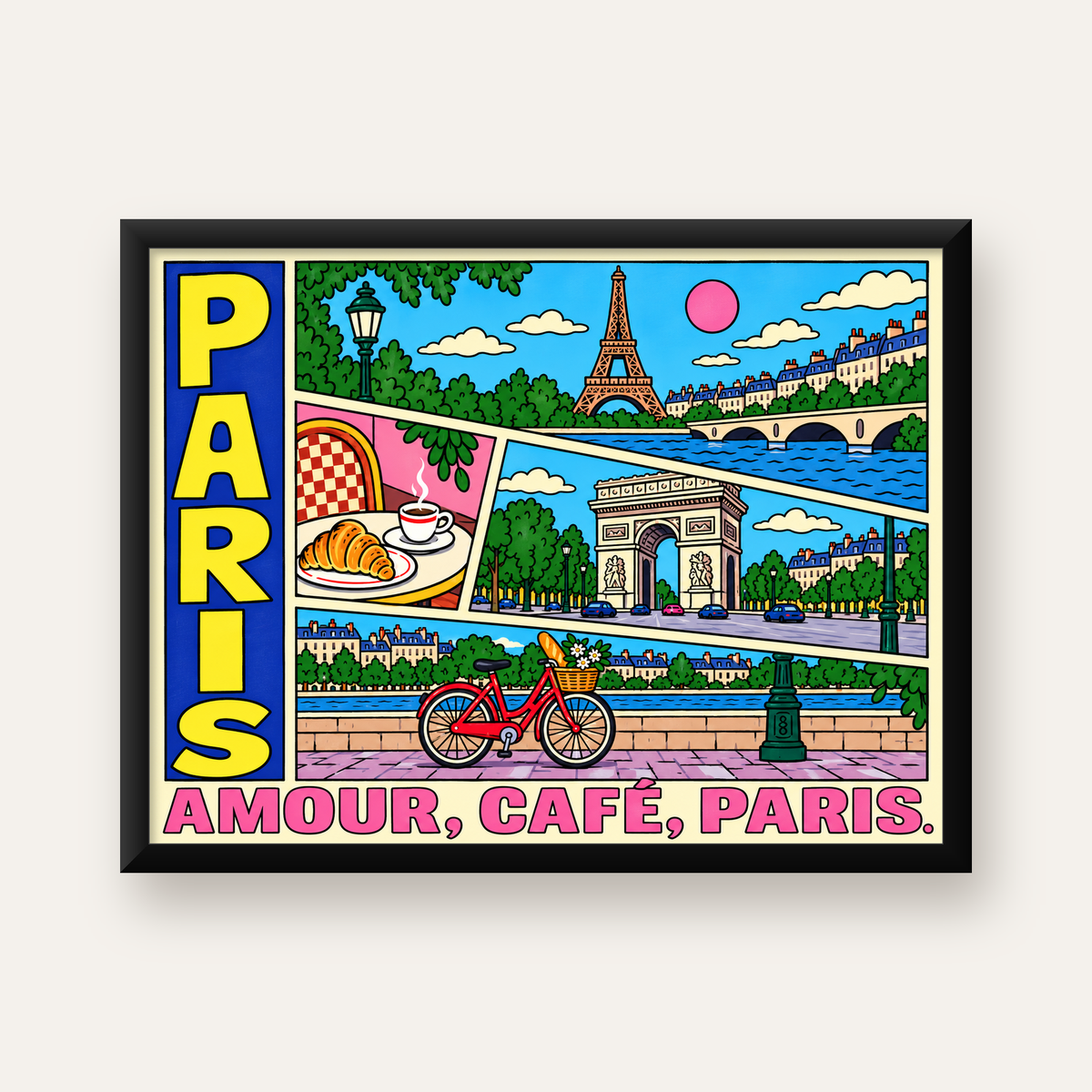 Paris Temalı Renkli Çizgi Roman Poster – Şehir ve Kafe Detayları — Yatay baskı, düz siyah çerçeveli duvar posteri