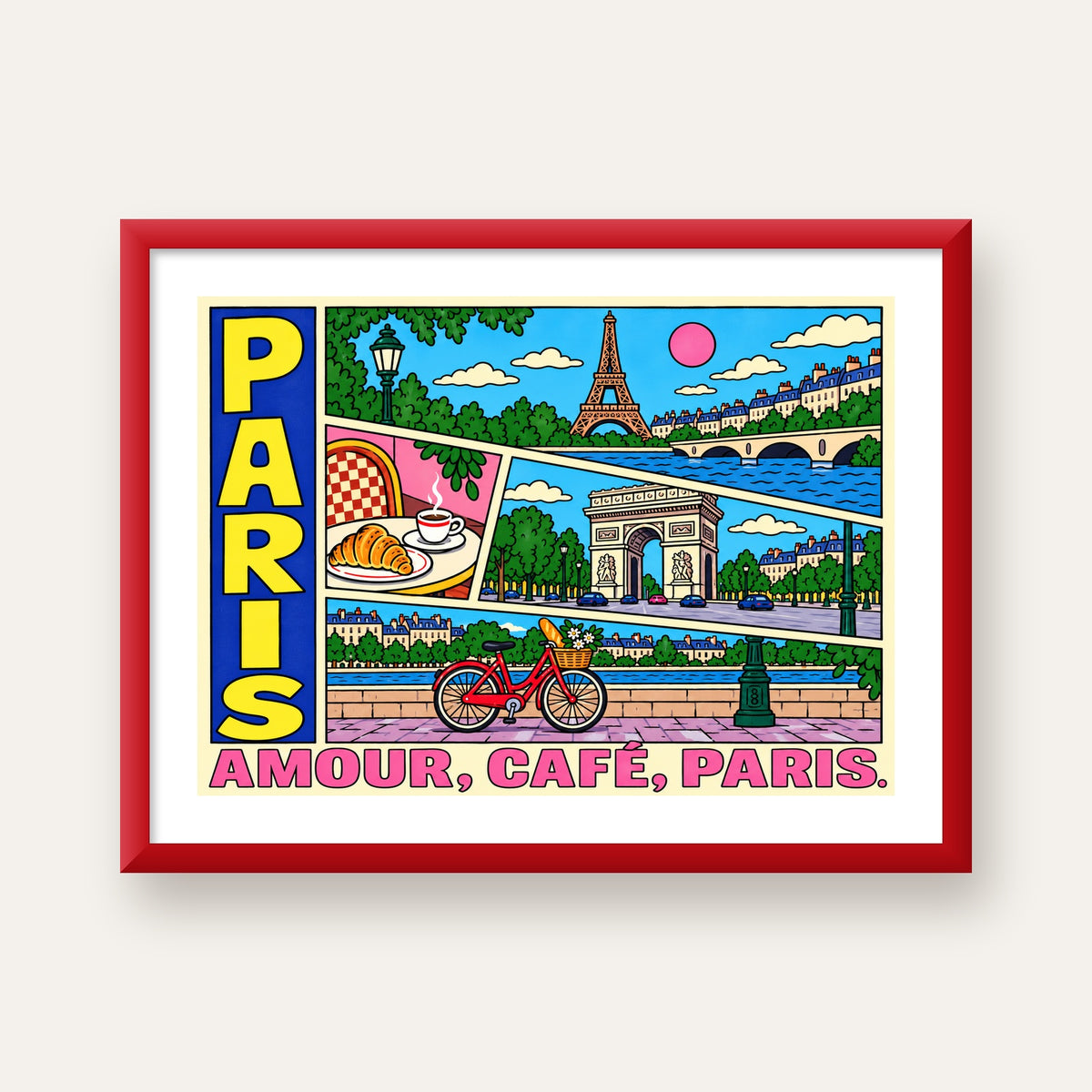 Paris Temalı Renkli Çizgi Roman Poster – Şehir ve Kafe Detayları — kırmızı çerçeveli paspartulu