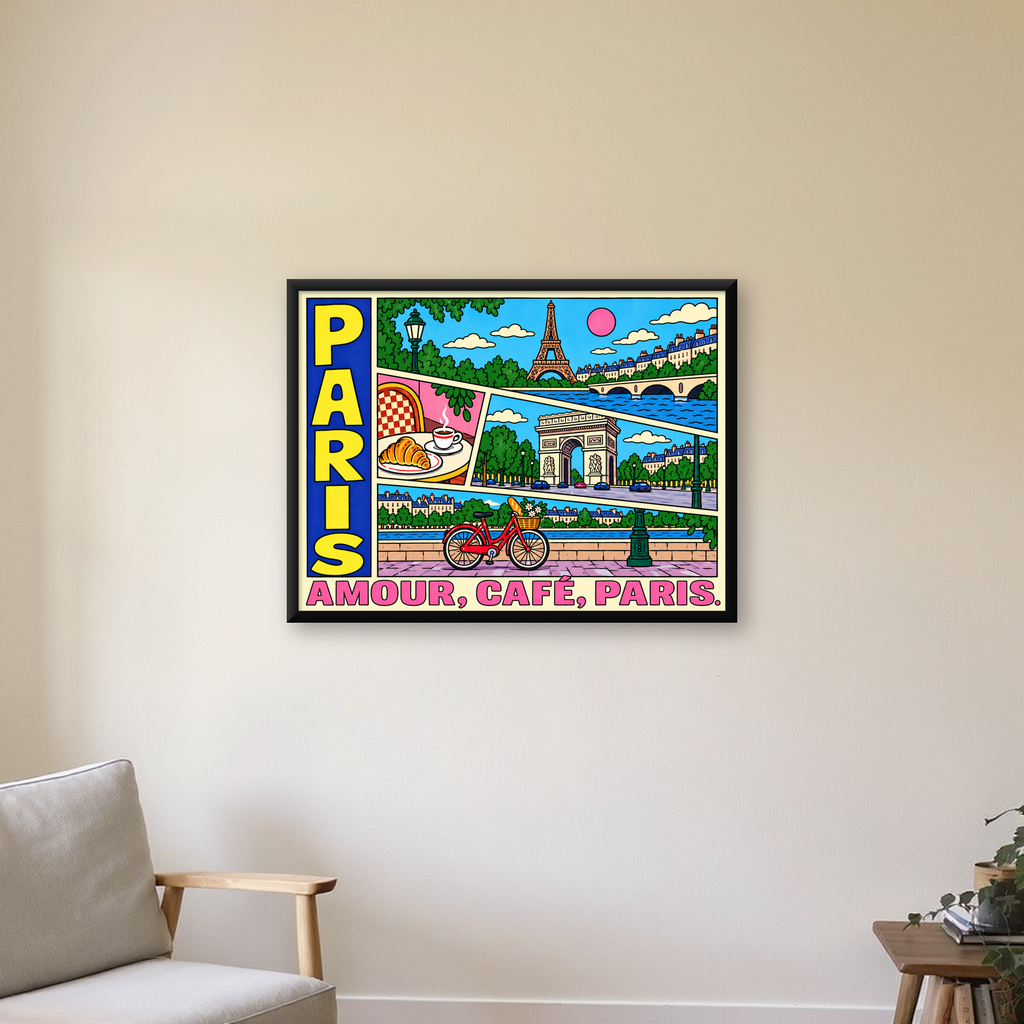 Paris Temalı Renkli Çizgi Roman Poster – Şehir ve Kafe Detayları — Yatay baskı, çerçeveli hâliyle bir ev duvarında