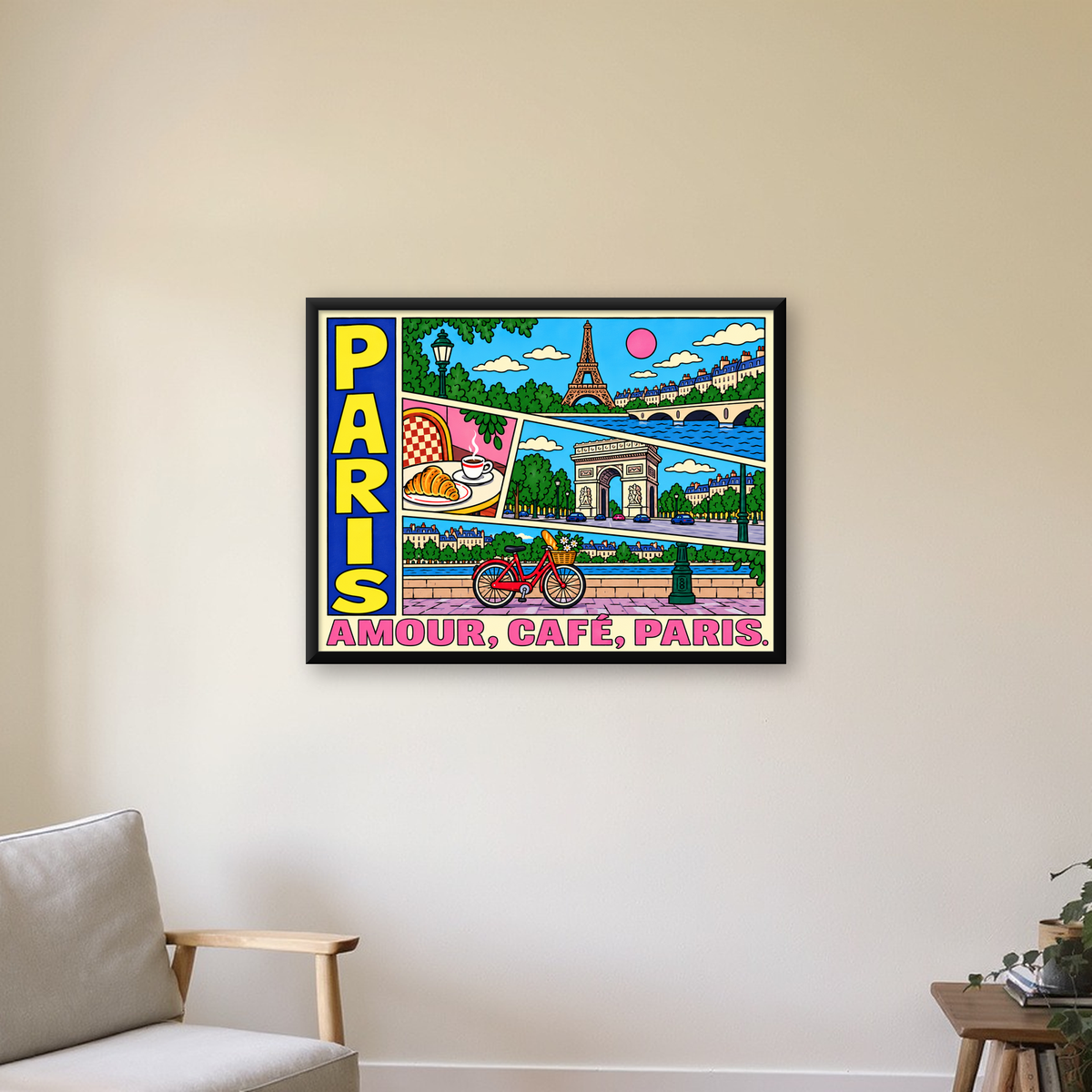Paris Temalı Renkli Çizgi Roman Poster – Şehir ve Kafe Detayları — Yatay baskı, çerçeveli hâliyle bir ev duvarında
