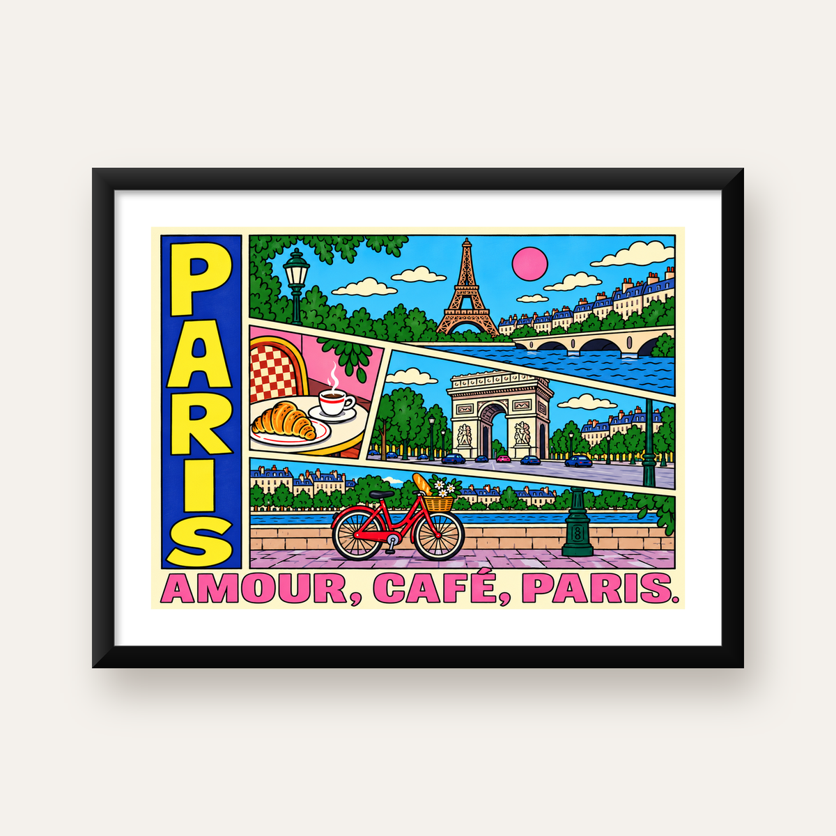 Paris Temalı Renkli Çizgi Roman Poster – Şehir ve Kafe Detayları — Yatay baskı, beyaz paspartulu