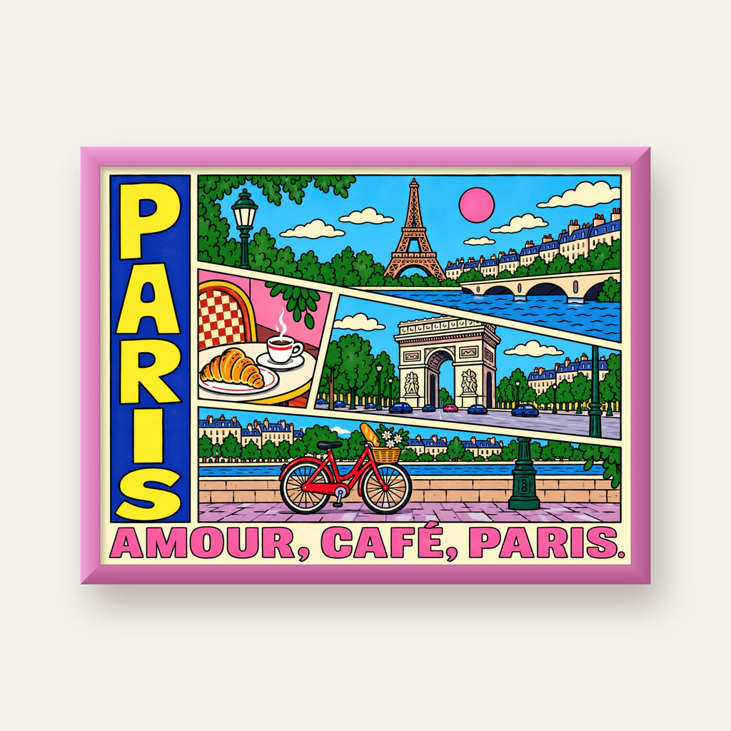 Paris Temalı Renkli Çizgi Roman Poster – Şehir ve Kafe Detayları — pembe çerçeveli