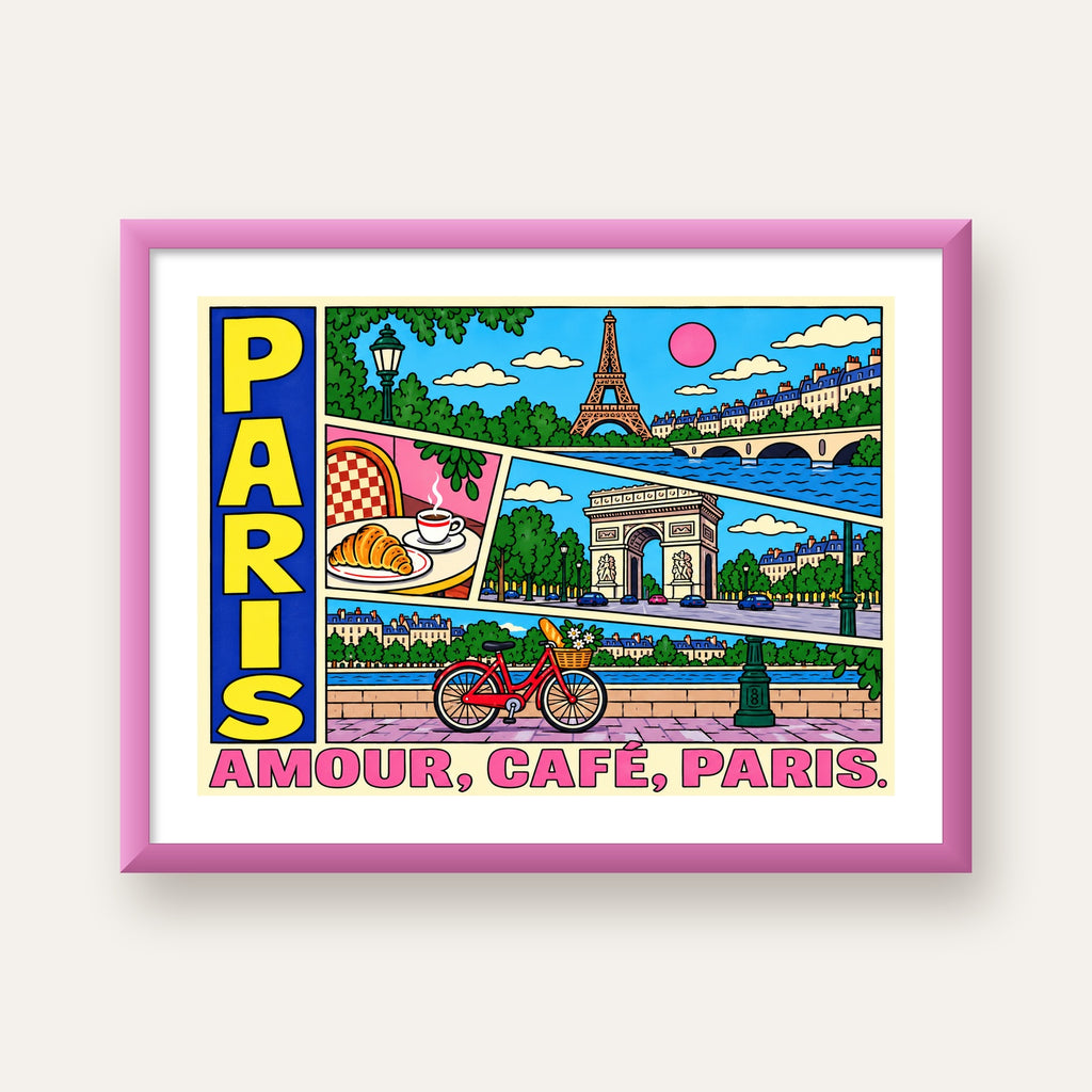 Paris Temalı Renkli Çizgi Roman Poster – Şehir ve Kafe Detayları — pembe çerçeveli paspartulu