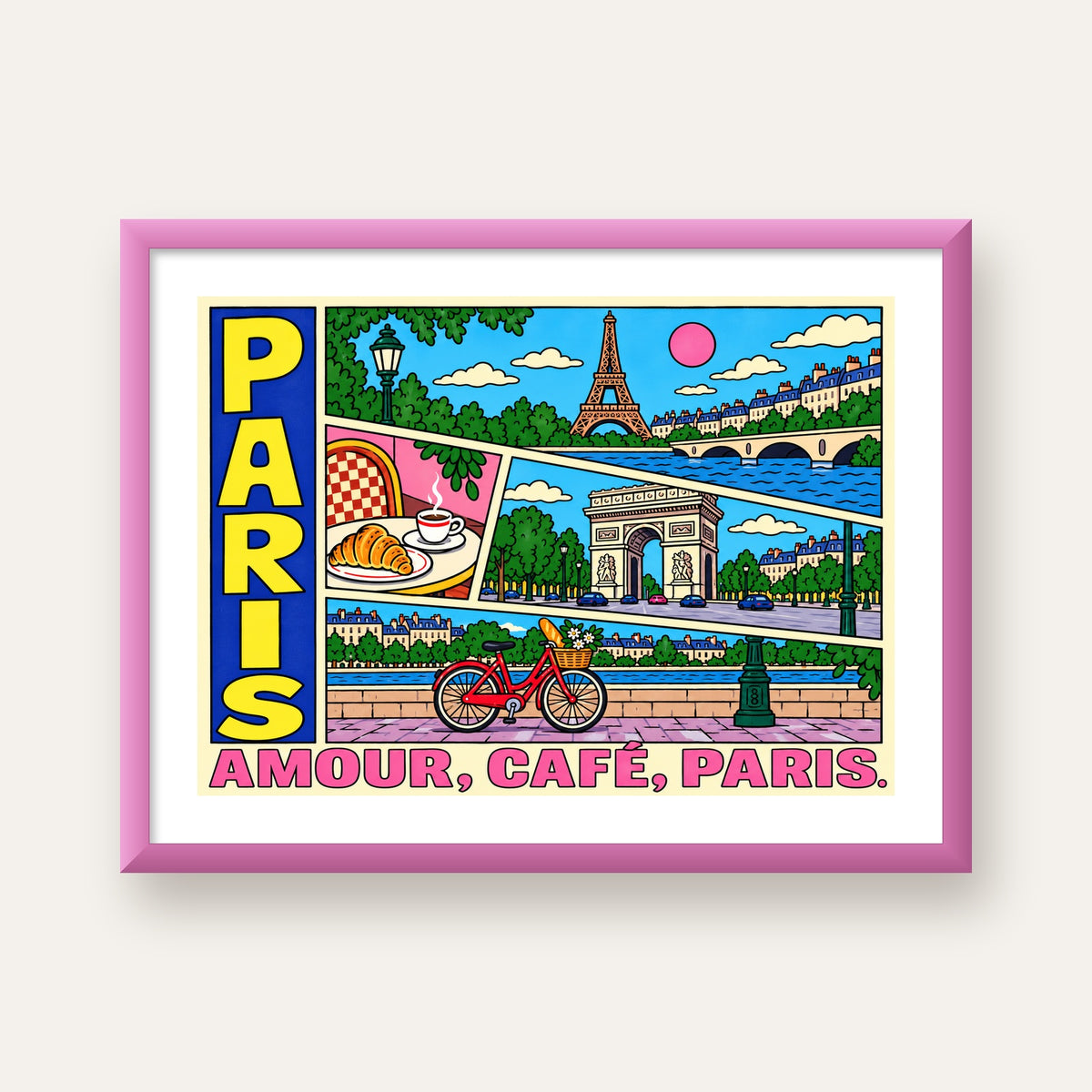 Paris Temalı Renkli Çizgi Roman Poster – Şehir ve Kafe Detayları — pembe çerçeveli paspartulu
