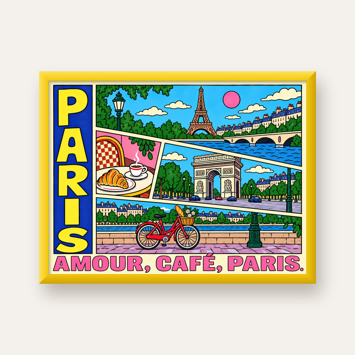 Paris Temalı Renkli Çizgi Roman Poster – Şehir ve Kafe Detayları — sarı çerçeveli