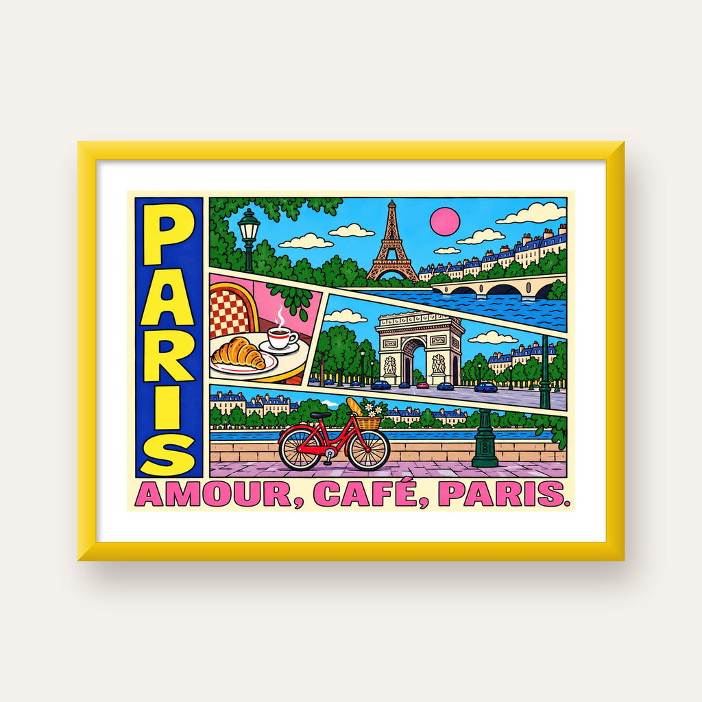 Paris Temalı Renkli Çizgi Roman Poster – Şehir ve Kafe Detayları — sarı çerçeveli paspartulu