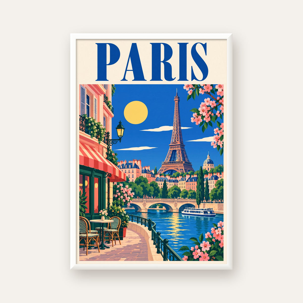 Paris Manzarası Vintage Poster – Renkli Retro Duvar Dekoru — beyaz çerçeveli dikey poster