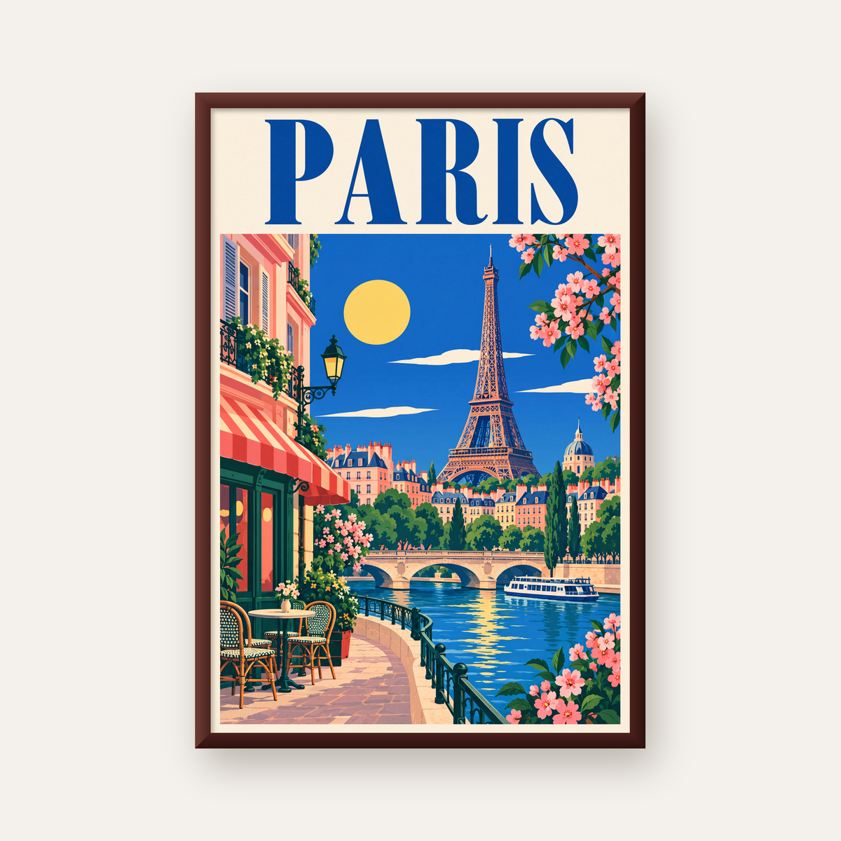 Paris Manzarası Vintage Poster – Renkli Retro Duvar Dekoru — ceviz çerçeveli