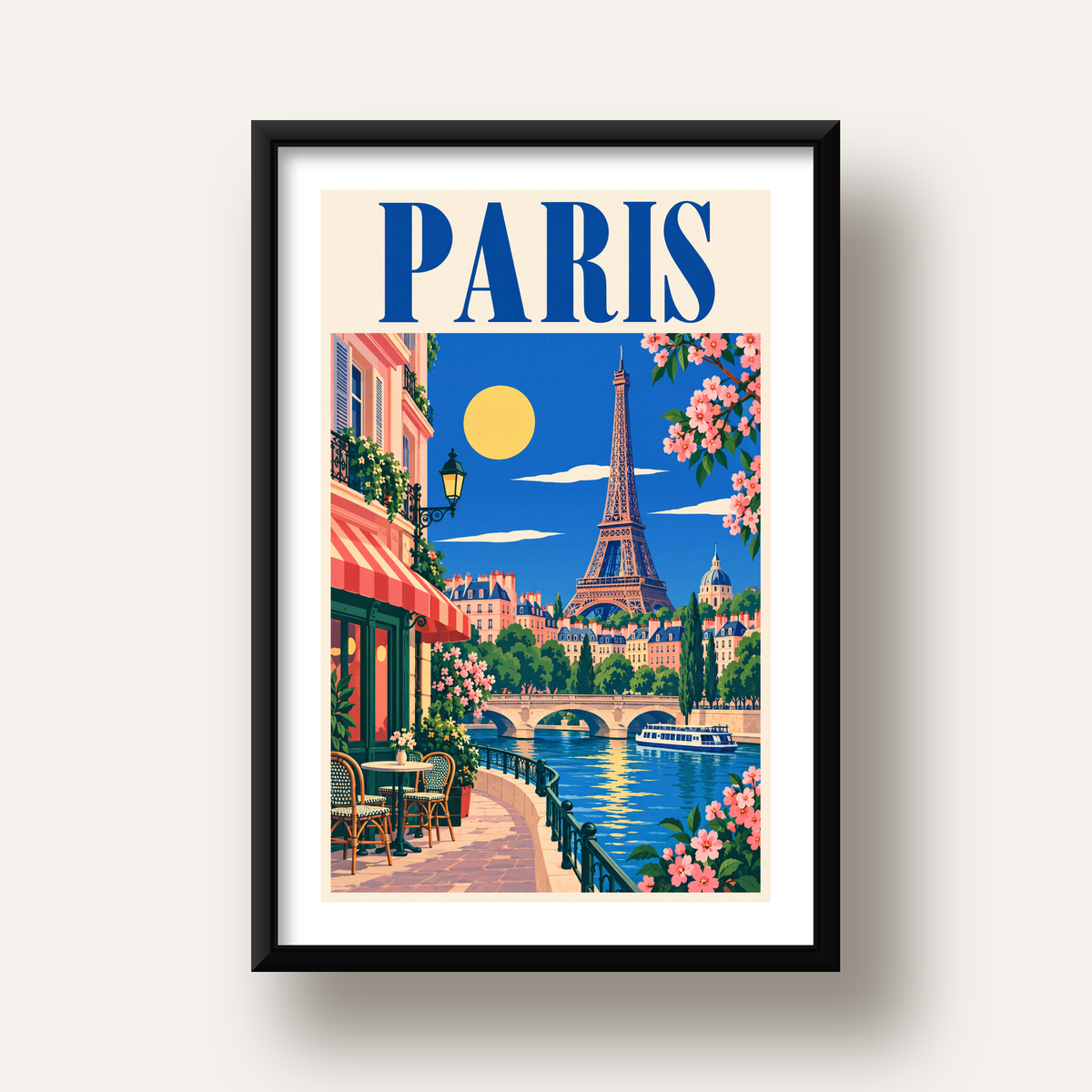 Paris Manzarası Vintage Poster – Renkli Retro Duvar Dekoru — siyah derin çerçeveli paspartulu