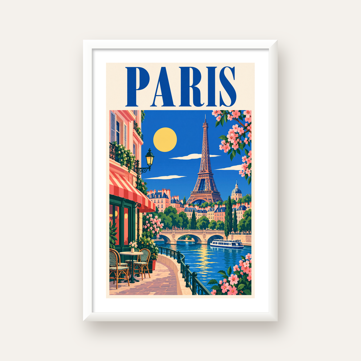 Paris Manzarası Vintage Poster – Renkli Retro Duvar Dekoru — beyaz çerçeveli dikey poster