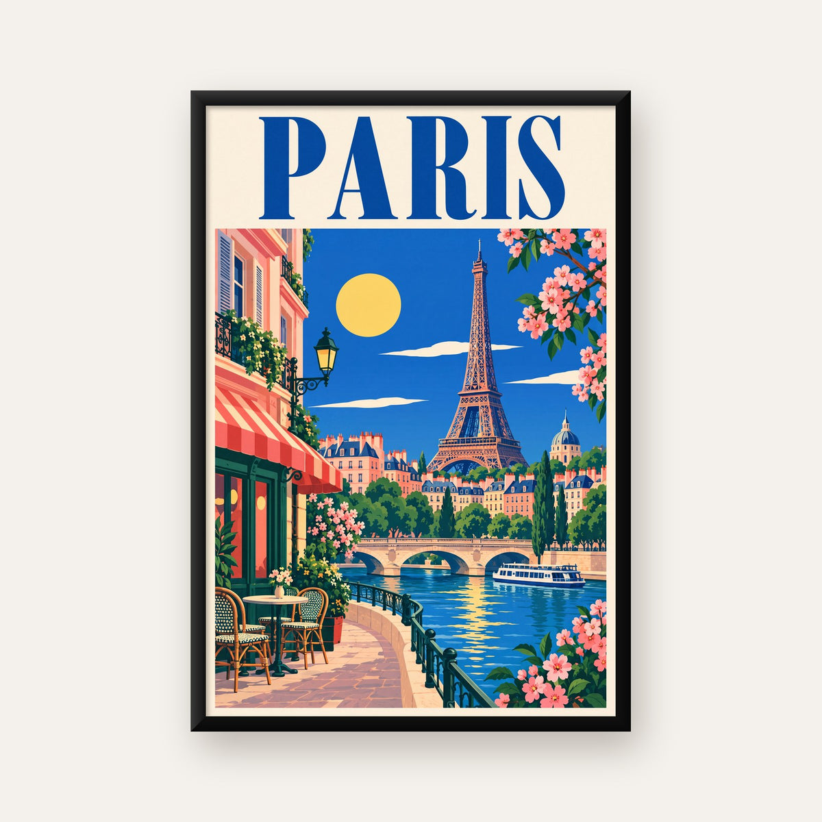 Paris Manzarası Vintage Poster – Renkli Retro Duvar Dekoru — ceviz çerçeveli