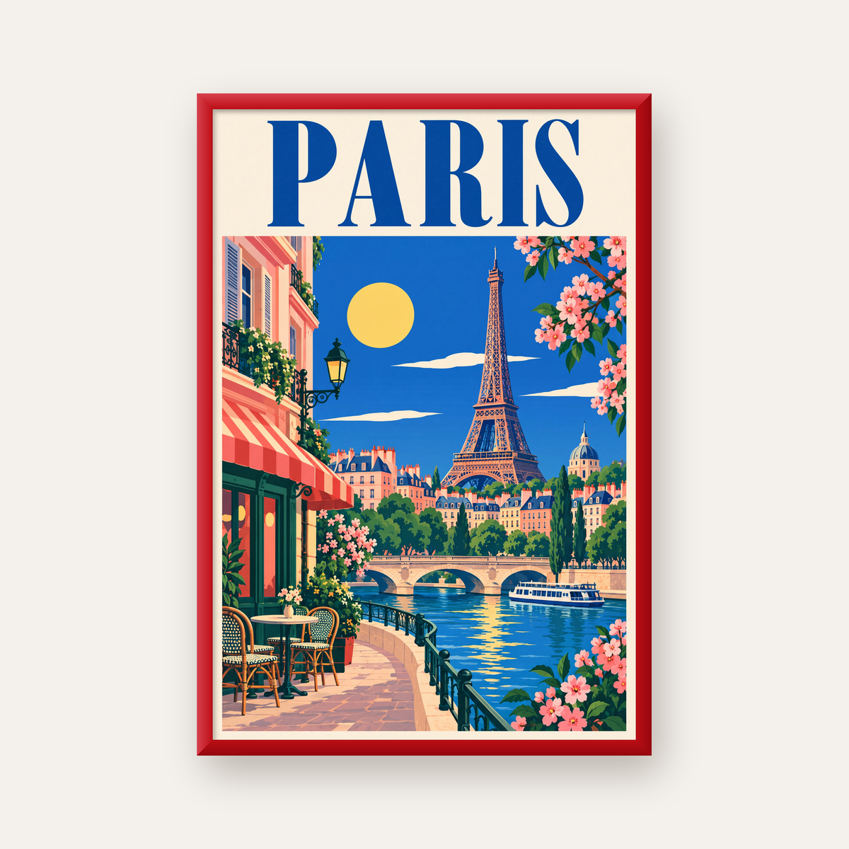 Paris Manzarası Vintage Poster – Renkli Retro Duvar Dekoru — kırmızı çerçeveli
