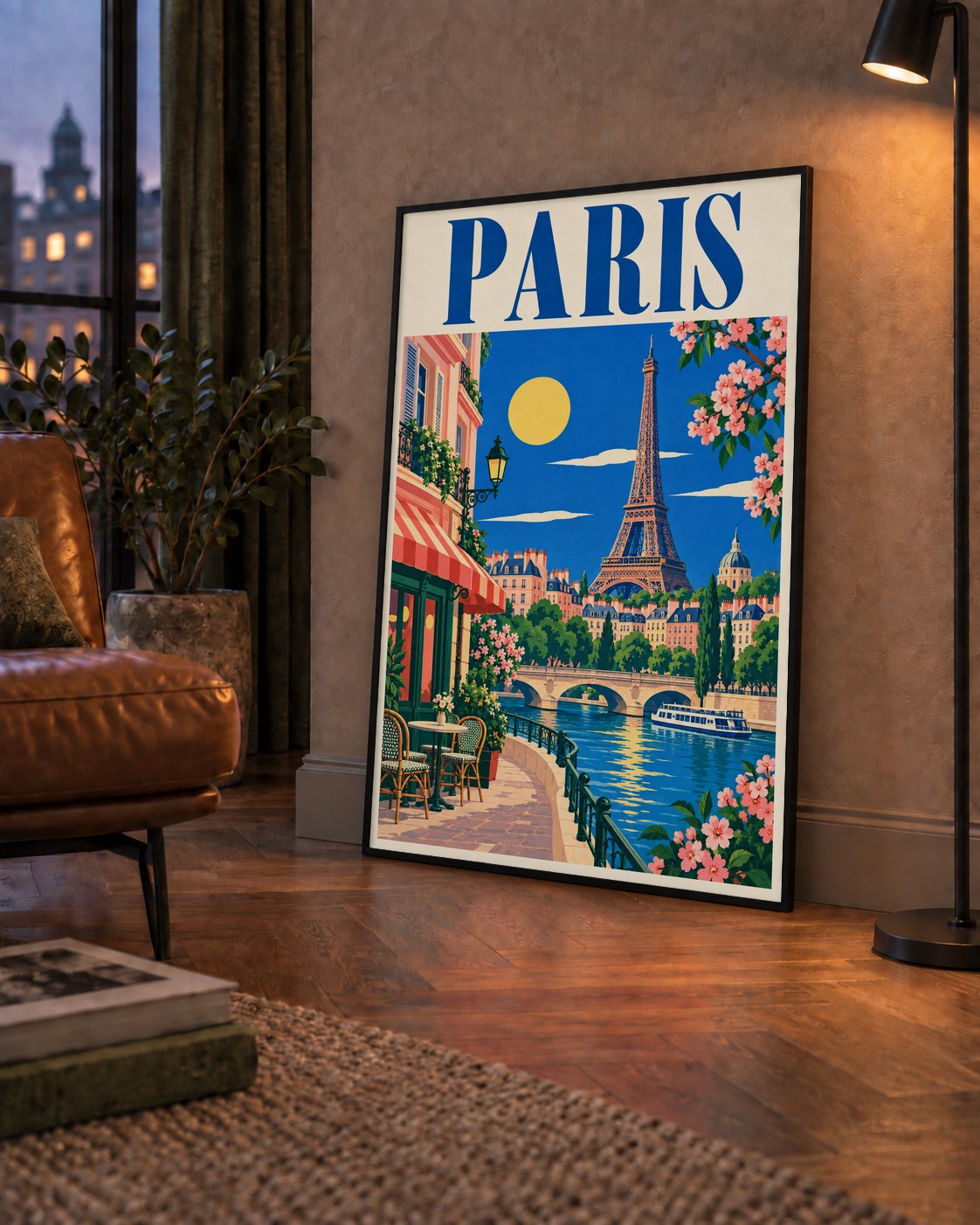 Paris Manzarası Vintage Poster – Renkli Retro Duvar Dekoru — çerçeveli hâliyle bir ev duvarında