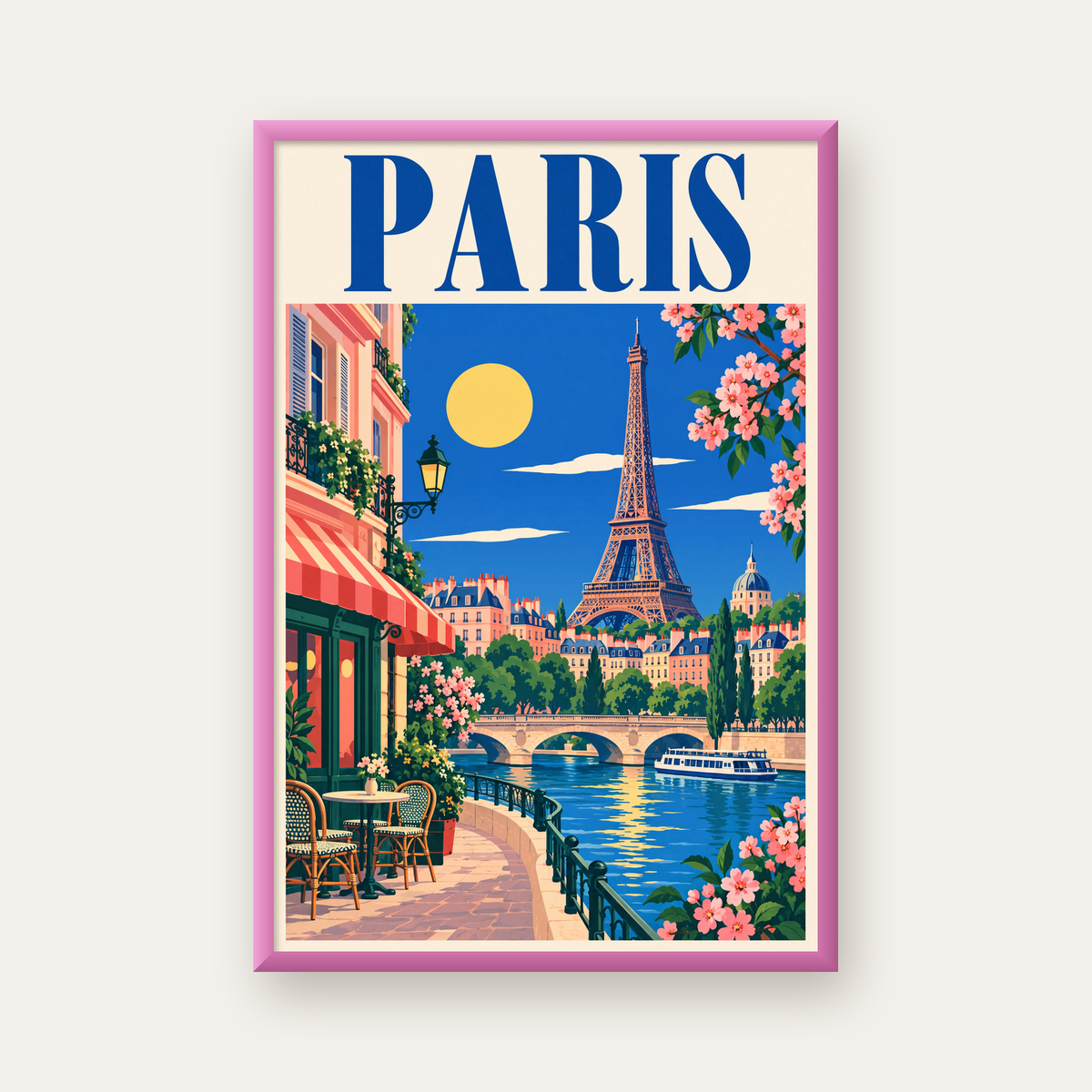 Paris Manzarası Vintage Poster – Renkli Retro Duvar Dekoru — pembe çerçeveli