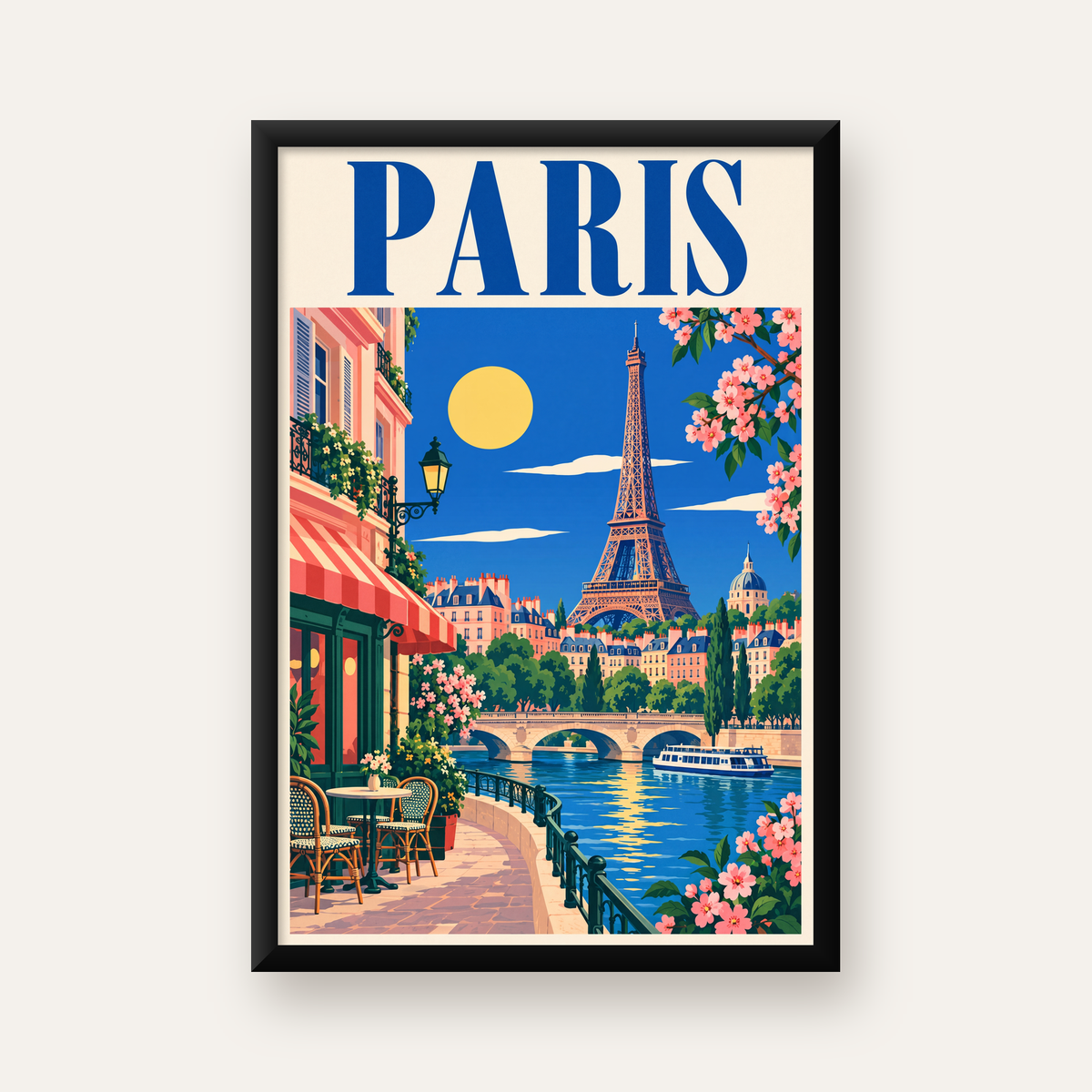 Paris Manzarası Vintage Poster – Renkli Retro Duvar Dekoru — düz siyah çerçeveli duvar posteri