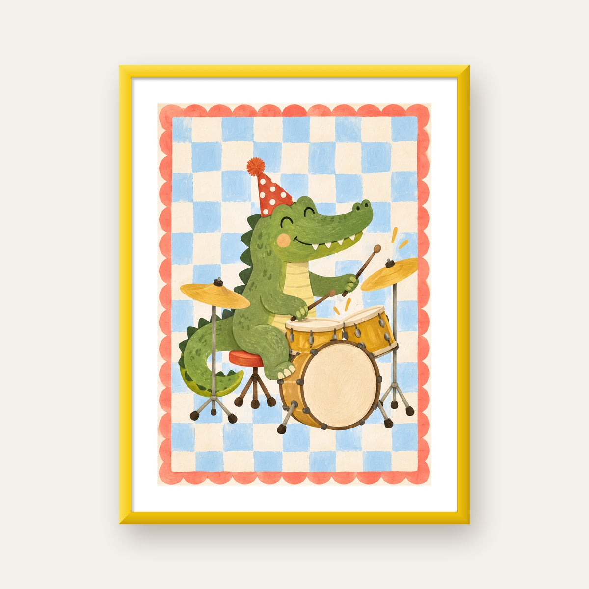 Davul Çalan Timsah Akrelik Tarz Parti Poster Duvar Dekoru — sarı çerçeveli paspartulu