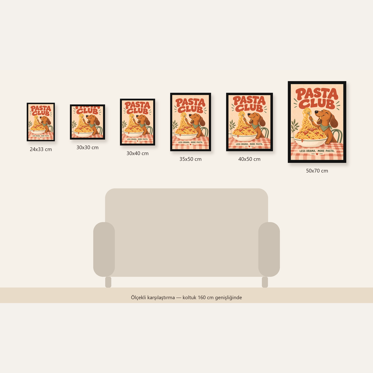 Spagetti Seven Köpek Retro Poster – Pasta Club Tasarımı — Dikey ölçülerinin karşılaştırması