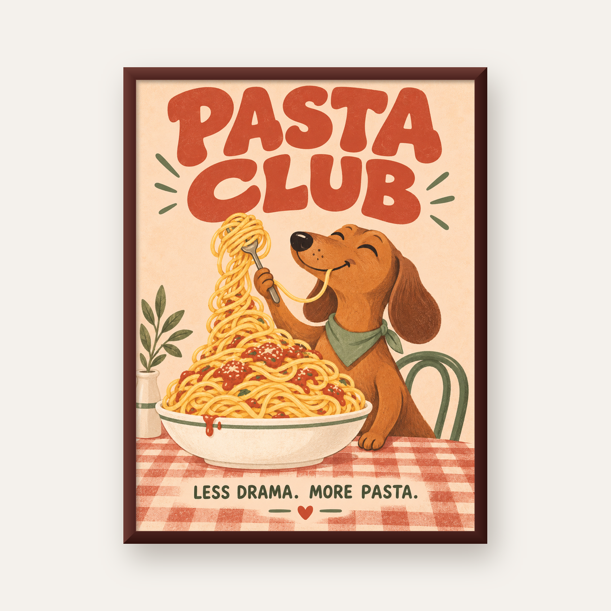 Spagetti Seven Köpek Retro Poster – Pasta Club Tasarımı — ceviz çerçeveli