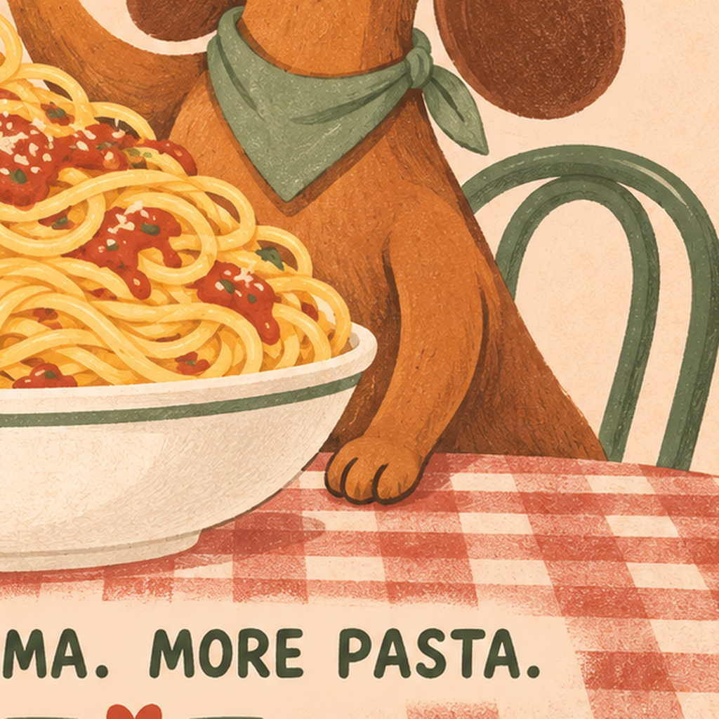 Spagetti Seven Köpek Retro Poster – Pasta Club Tasarımı — baskının yakın çekimi, kâğıt dokusu ve renk detayı