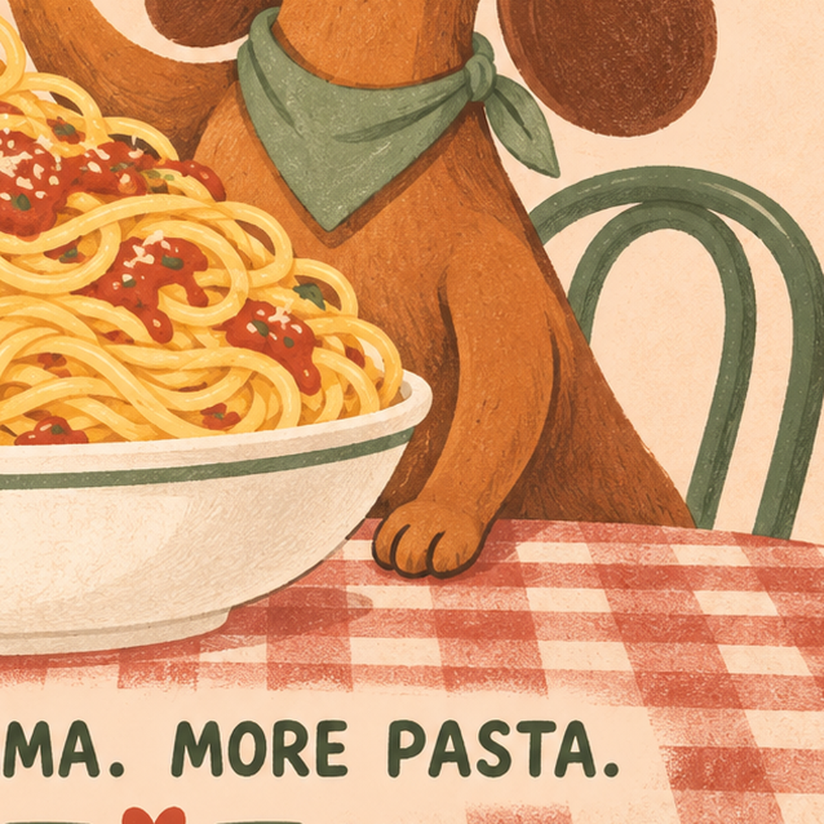 Spagetti Seven Köpek Retro Poster – Pasta Club Tasarımı — baskının yakın çekimi, kâğıt dokusu ve renk detayı