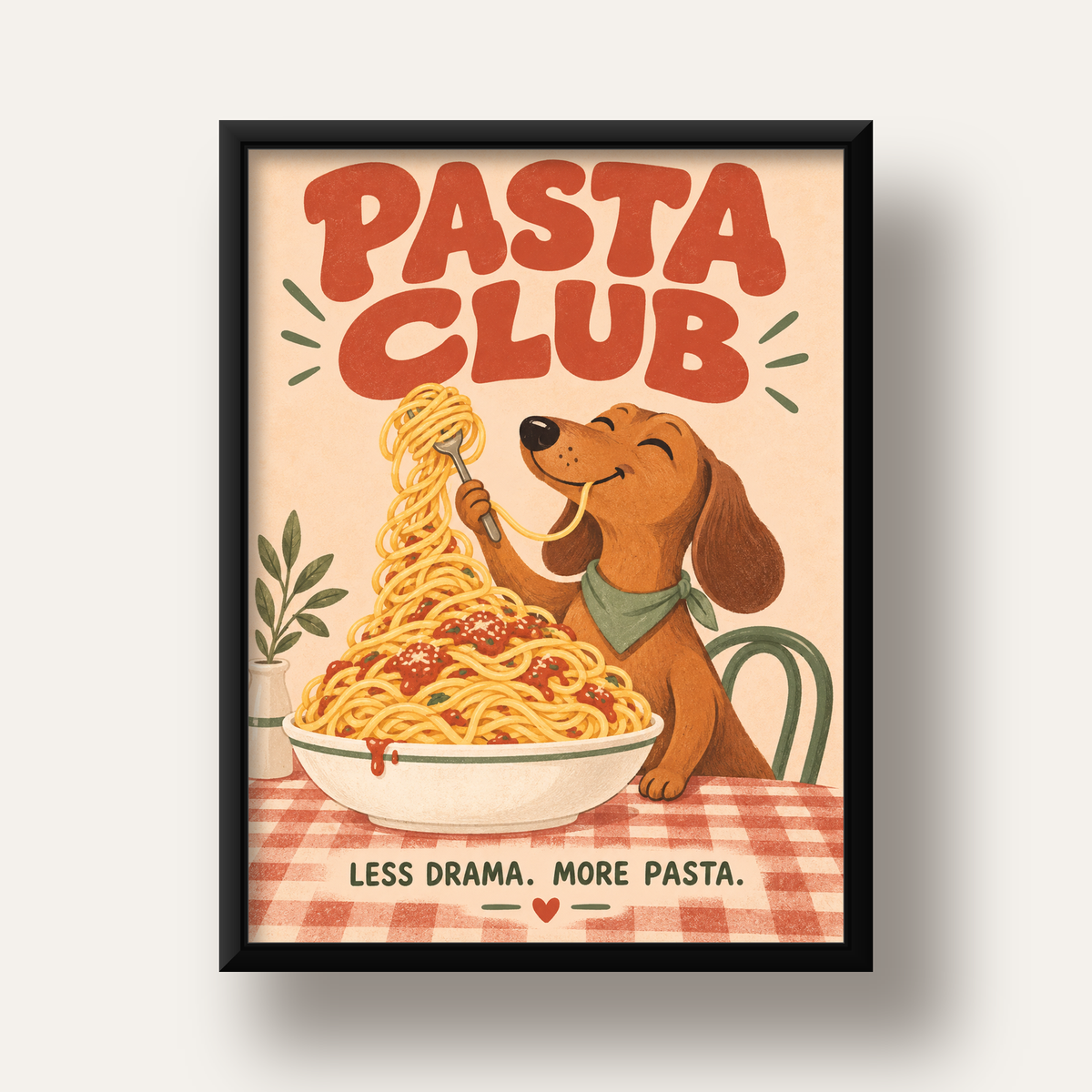 Spagetti Seven Köpek Retro Poster – Pasta Club Tasarımı — siyah derin çerçeveli