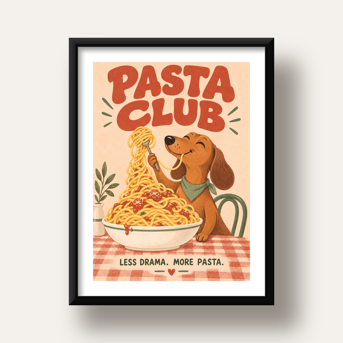 Spagetti Seven Köpek Retro Poster – Pasta Club Tasarımı — siyah derin çerçeveli paspartulu